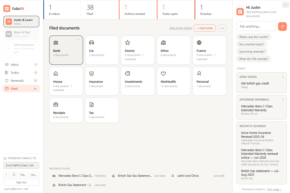 FolioPA desktop — filed documents view
