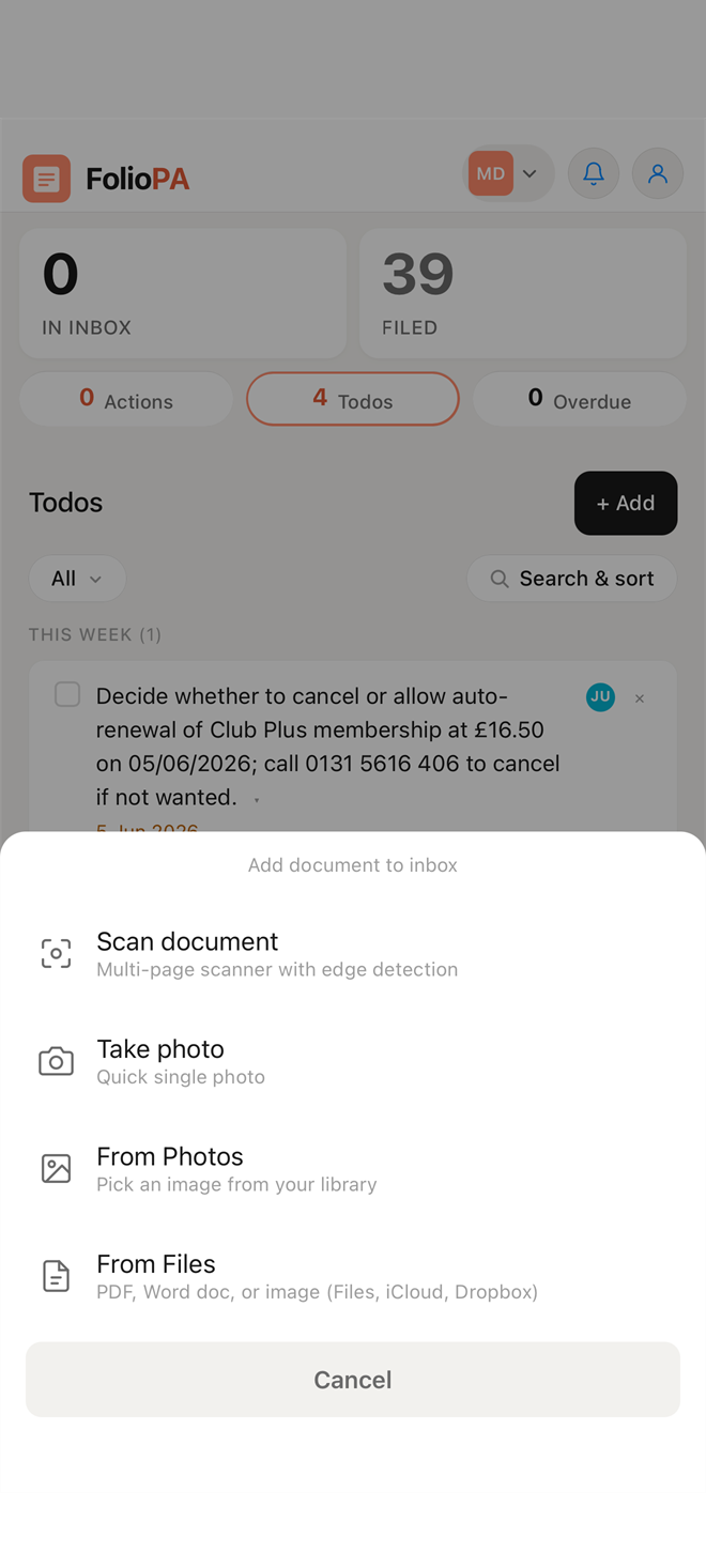 FolioPA mobile scanner — scan a document, take a photo, or import from Photos or Files