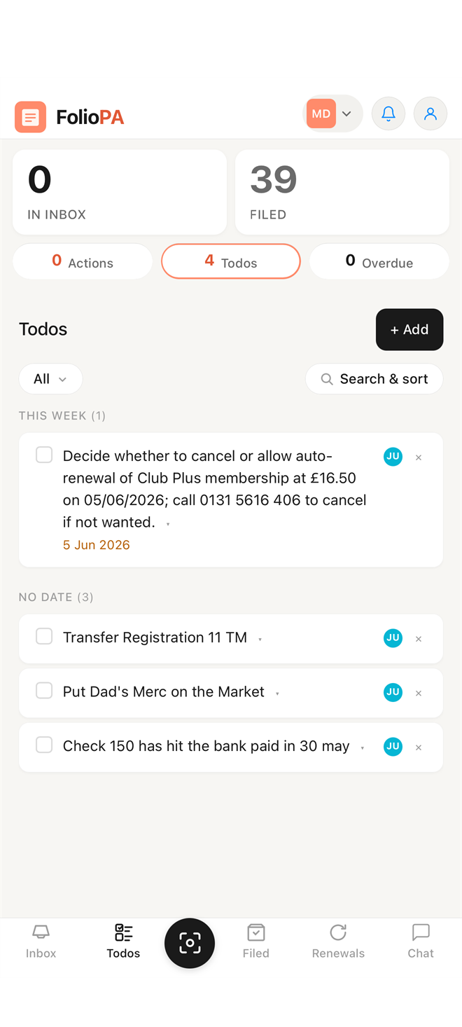 FolioPA mobile to-dos with due dates and who's assigned